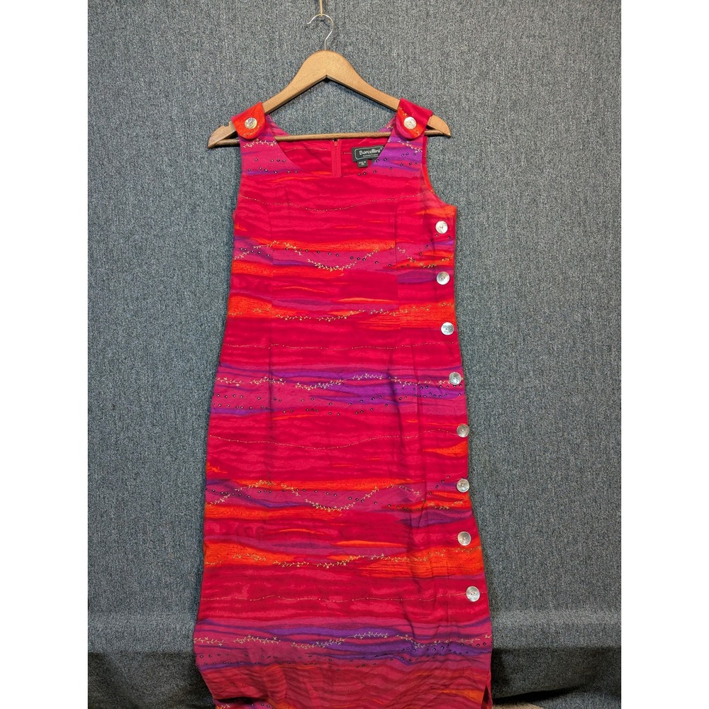 Borcellini Pink Orange Abstract Print Button Detail Midi Dress Size 9/10 Vintage
